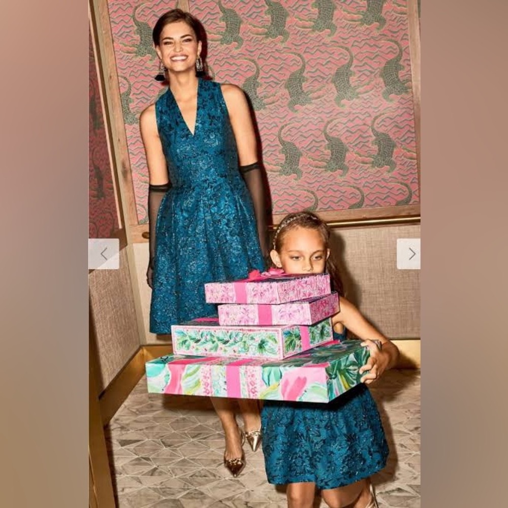 Lilly Pulitzer Girls Mini Tanlee Dress Teal Bay Blooming Brocade $118 Size 10